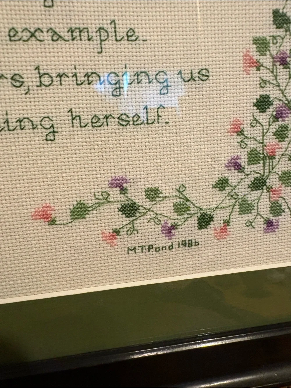Professionally Framed Green Floral 'Grandmother' Cross-Stitch Wall Art